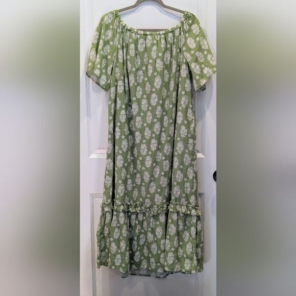 Crown & Ivy Green Floral Midi Dress M NWT Off Shoulder Linen Cottagecore Coastal - Picture 5 of 7